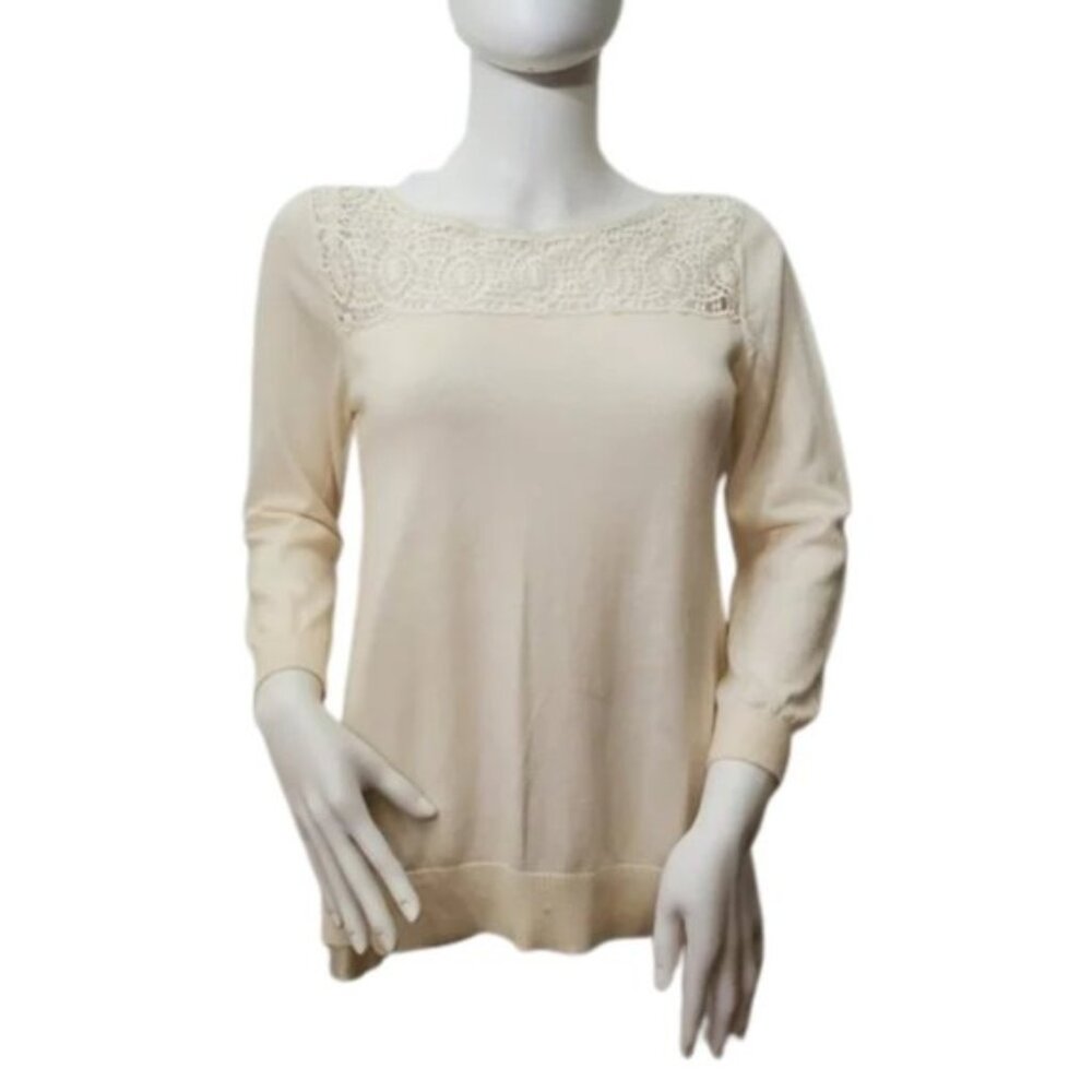 LOFT Women Top XS Beige Lace Long Sleeve Lightweight Casual Soft Knit - Picture 7 of 7